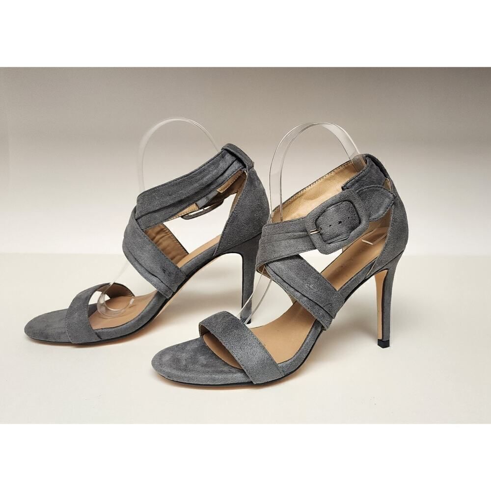 Gray Suede Strappy High Heel Sandals with Buckle Accent